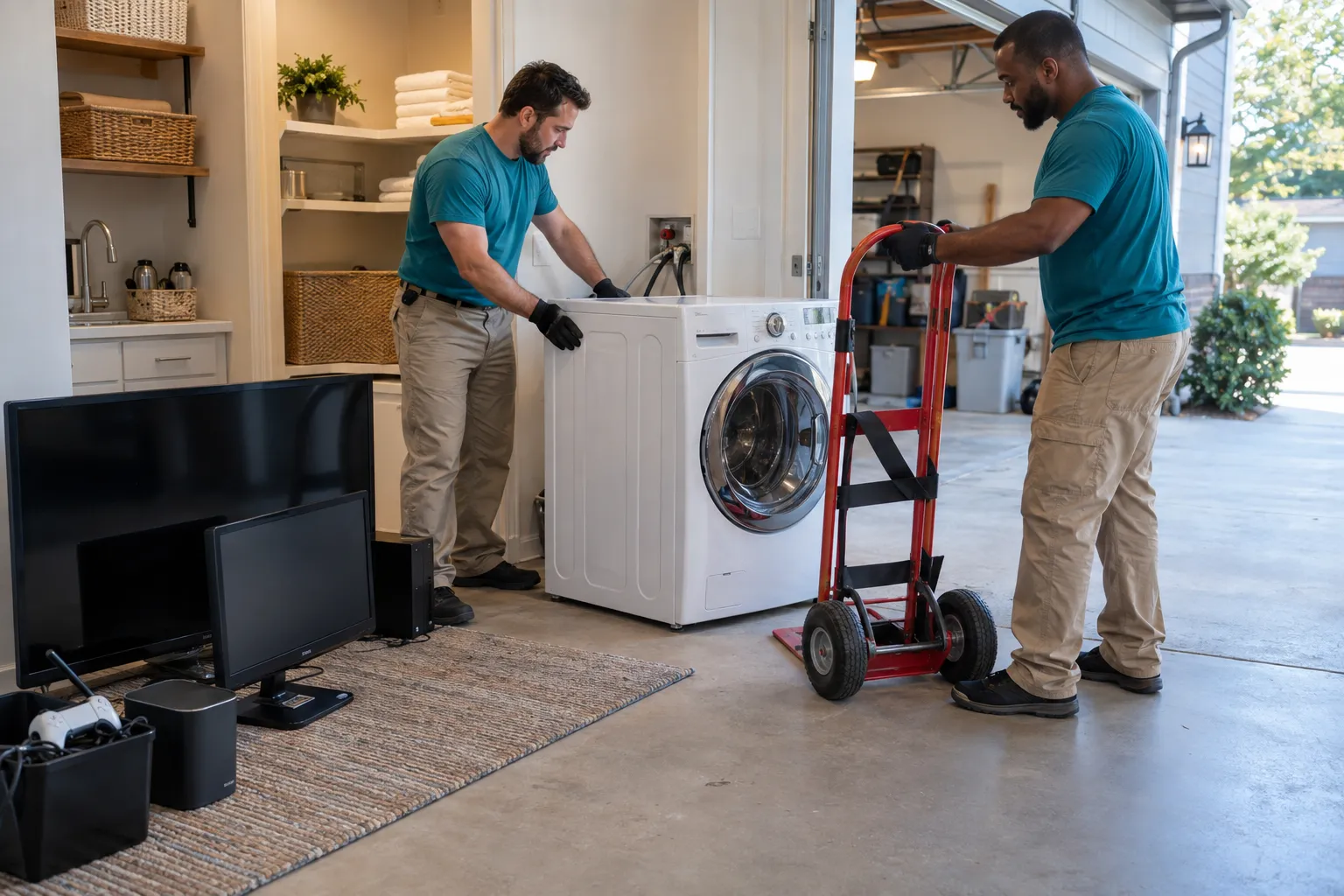 Workers preparing a washer and household electronics for removal