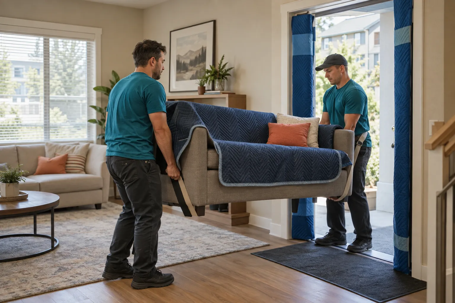 Two workers moving a protected sofa through a doorway