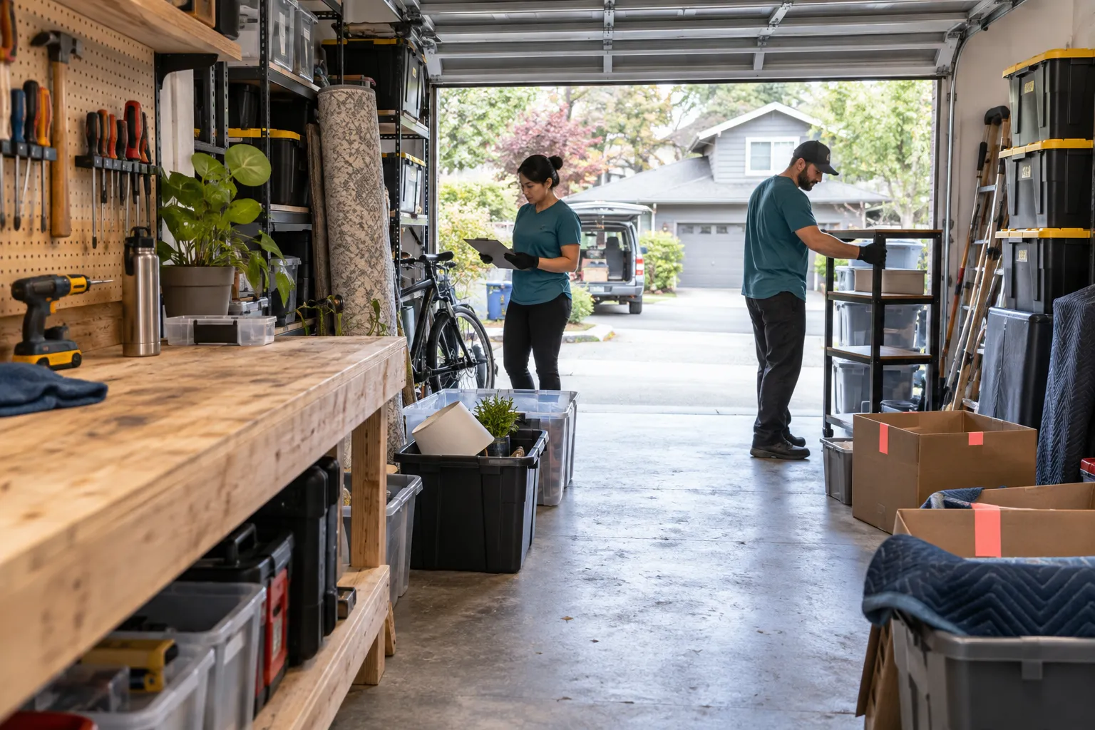 Workers organizing keep and remove zones in a garage