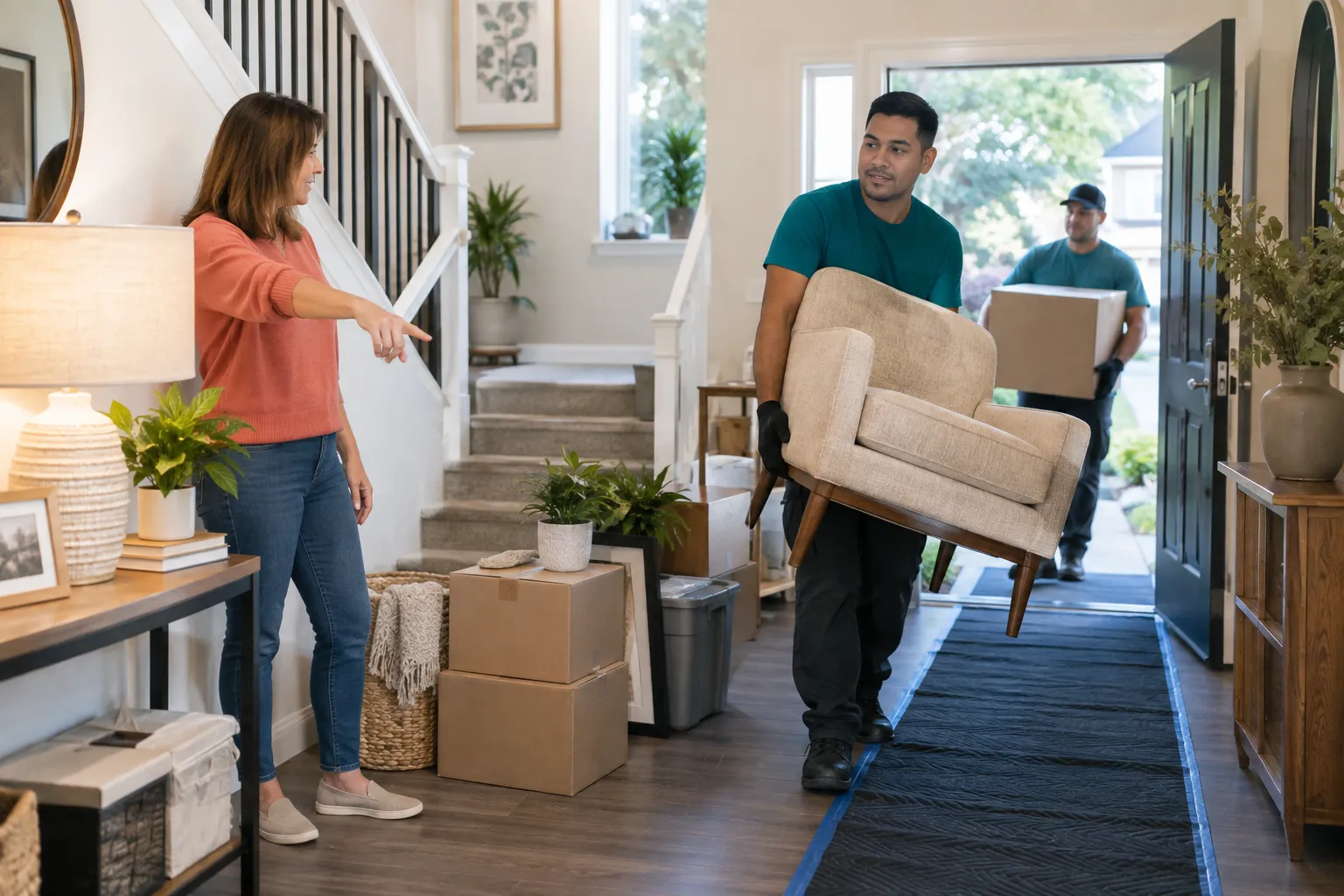 Workers carrying household items through a protected entry