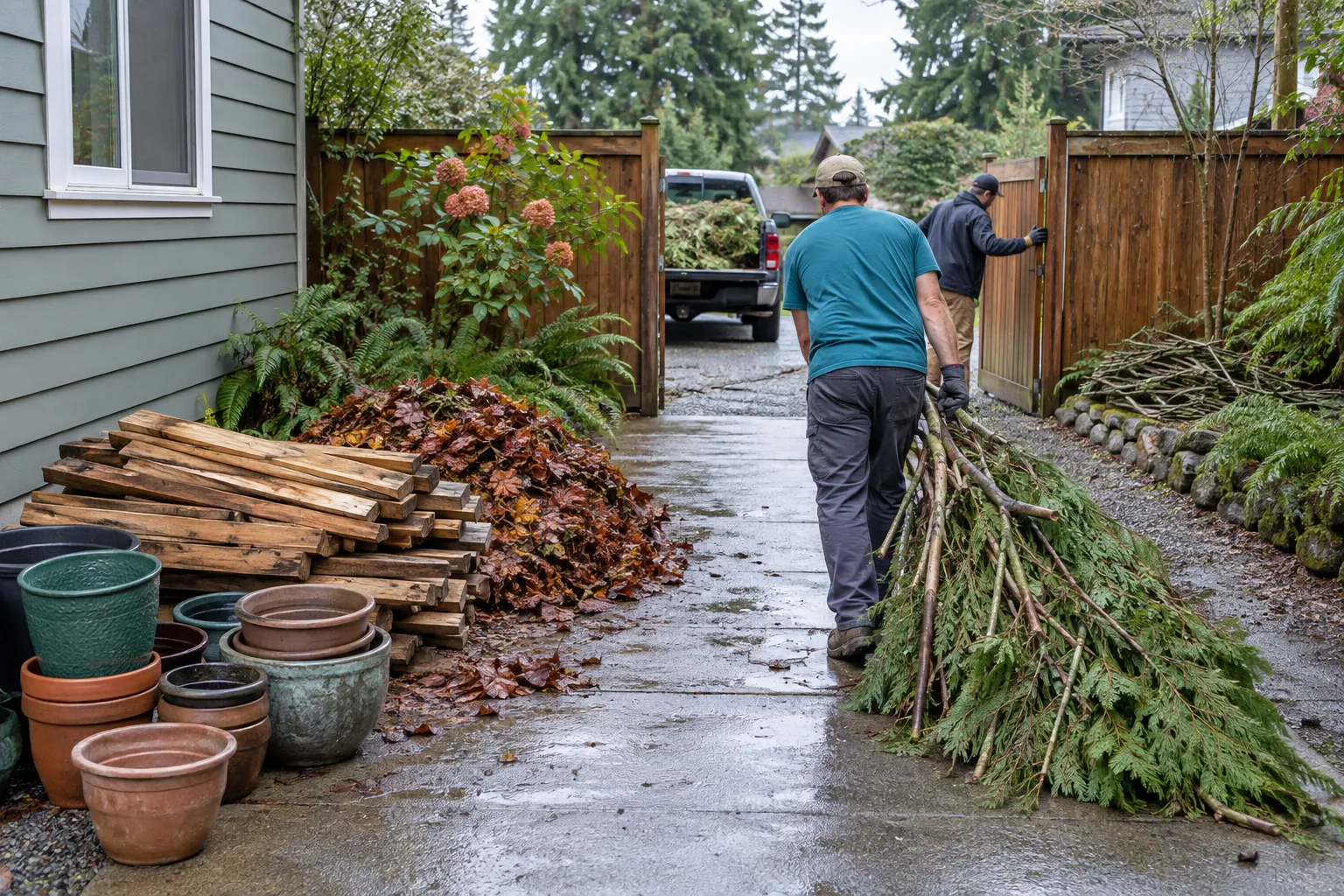 Separated outdoor materials beside a clear side-yard access route